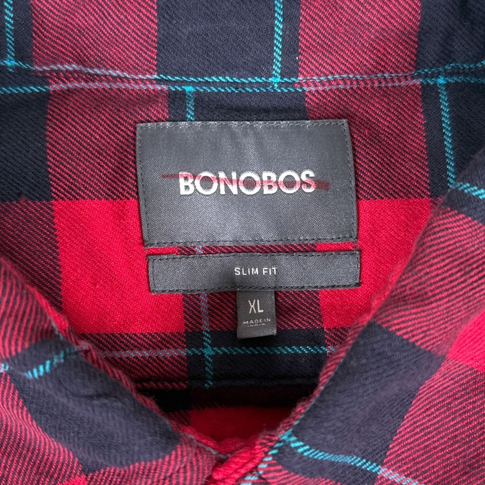 Bonobos Shirt Mens XL Red Black Plaid Flannel Button Up Long Sleeve Slim Fit - Picture 2 of 13